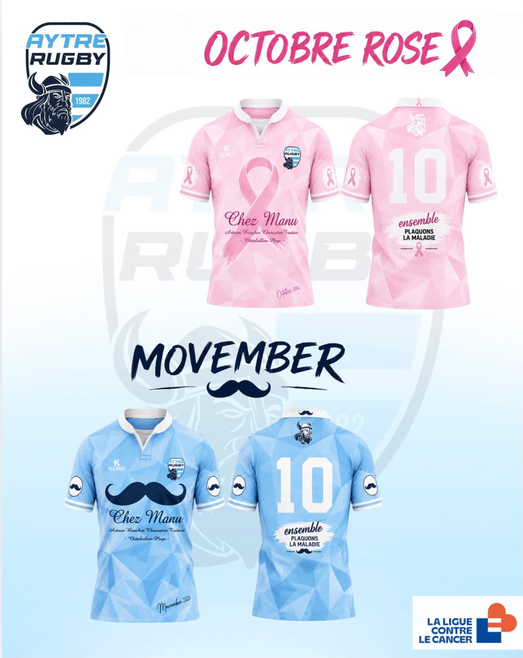 Les deux maillots Aytré Rugby : rose Octobre Rose et bleu Movember