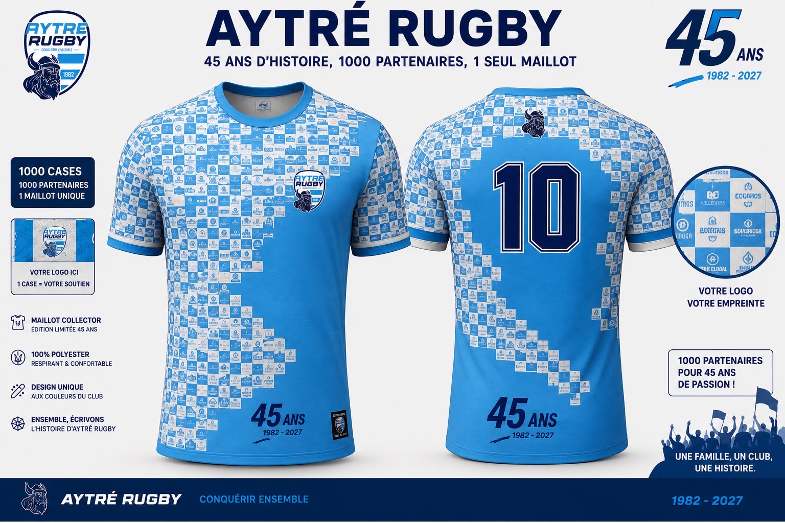 Maquette du maillot des 45 ans d'Aytré Rugby — recto et verso, 1000 cases sponsors